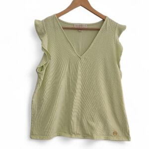Michael Michael Kors Green White Textured V Neck Top Sz XL Elevated Basics